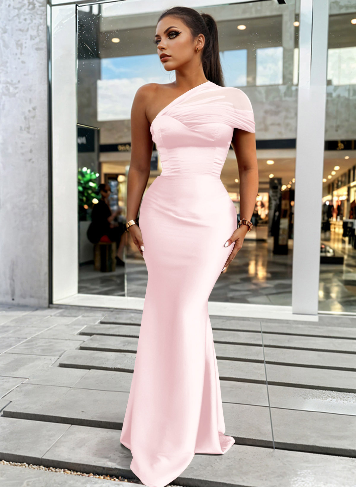 Trumpet/Mermaid One-Shoulder Sleeveless Satin/Tulle Bridesmaid Dresses, product image 107