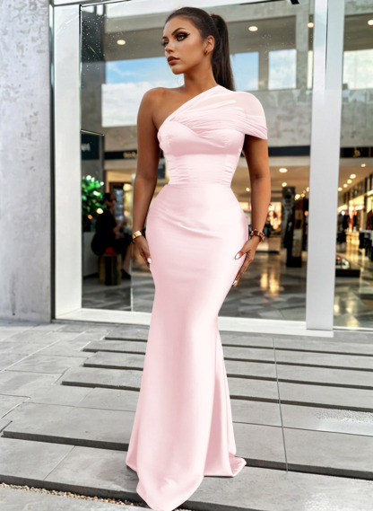 Trumpet/Mermaid One-Shoulder Sleeveless Satin/Tulle Bridesmaid Dresses