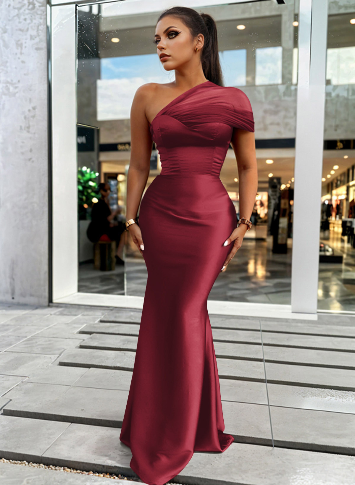 Trumpet/Mermaid One-Shoulder Sleeveless Satin/Tulle Bridesmaid Dresses, product image 122