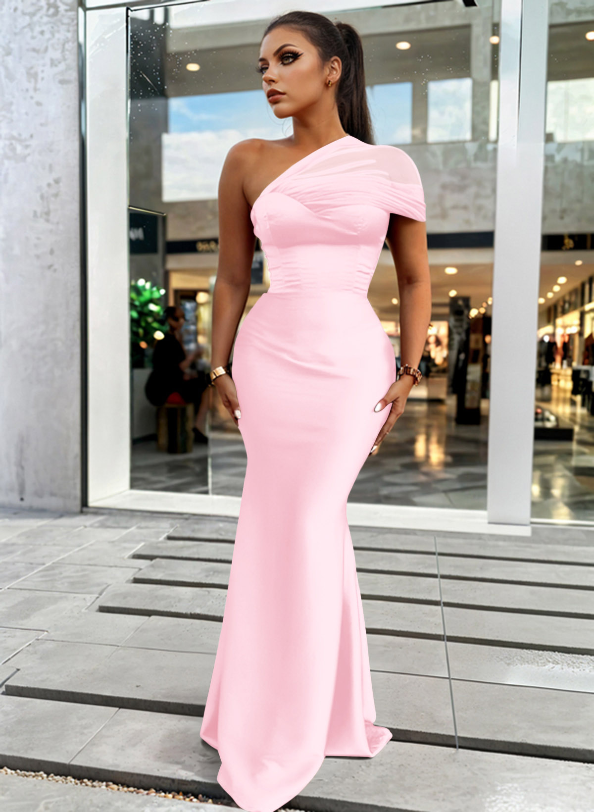 Trumpet/Mermaid One-Shoulder Sleeveless Satin/Tulle Bridesmaid Dresses, product image 112