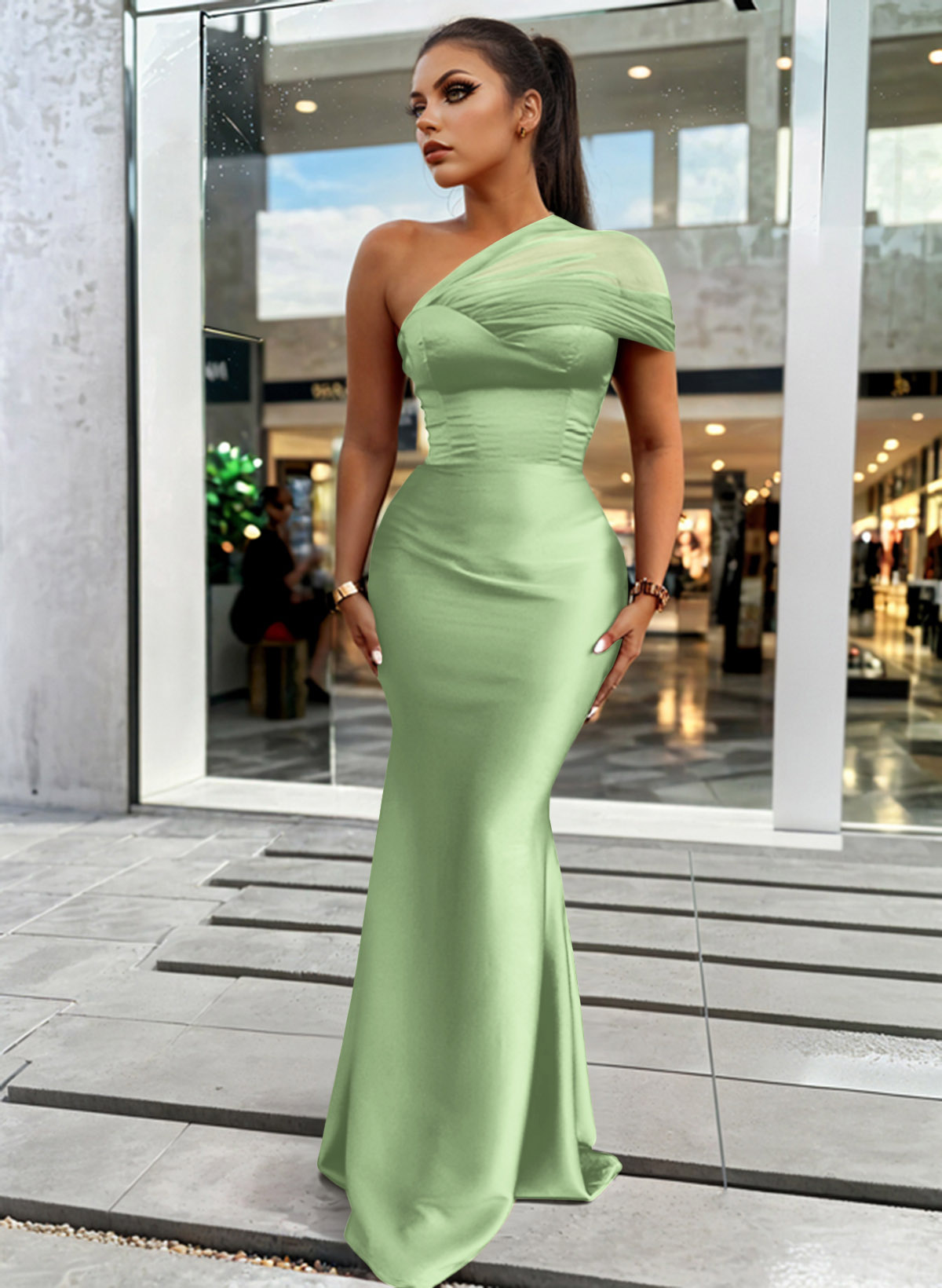 Trumpet/Mermaid One-Shoulder Sleeveless Satin/Tulle Bridesmaid Dresses, product image 222