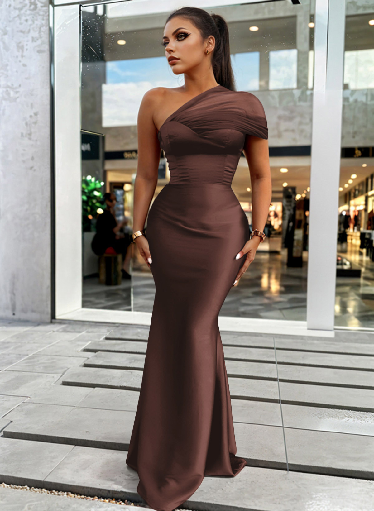 Trumpet/Mermaid One-Shoulder Sleeveless Satin/Tulle Bridesmaid Dresses, product image 307