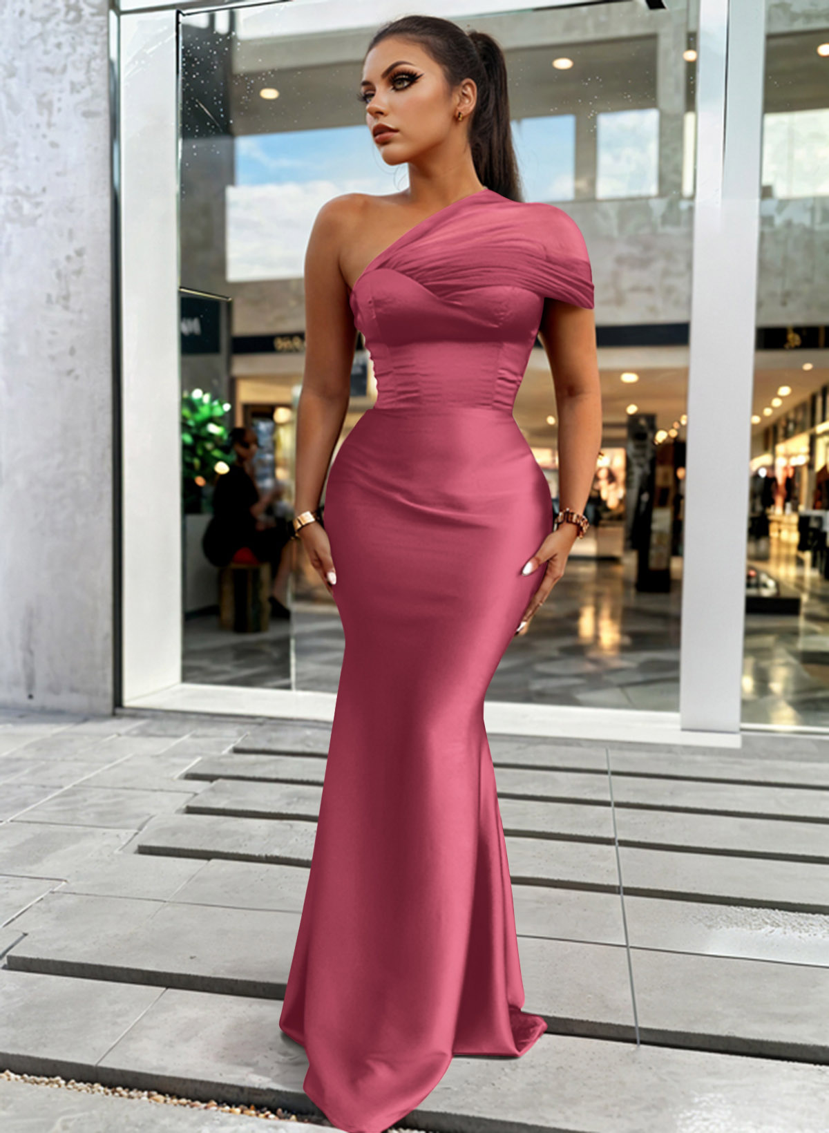Trumpet/Mermaid One-Shoulder Sleeveless Satin/Tulle Bridesmaid Dresses, product image 132