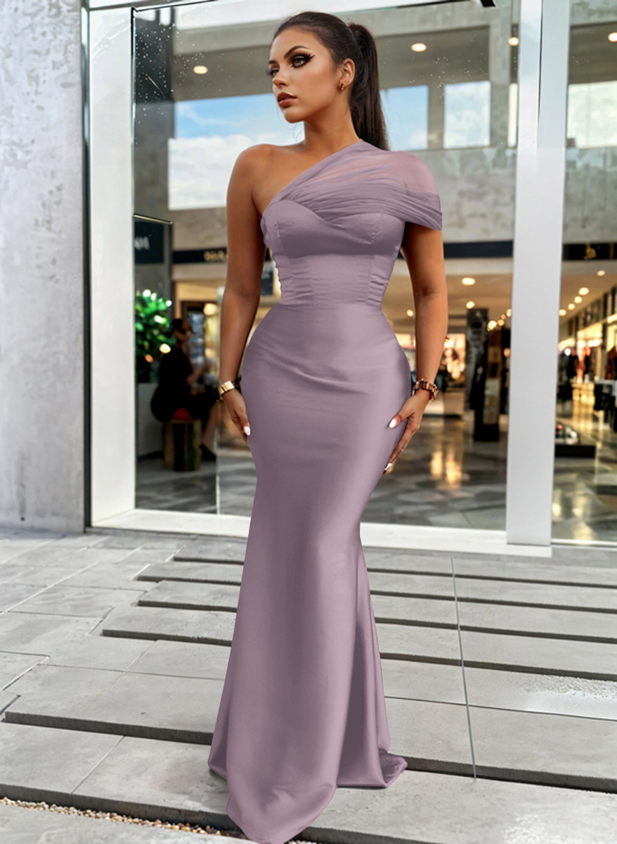 Trumpet/Mermaid One-Shoulder Sleeveless Satin/Tulle Bridesmaid Dresses, product image 167
