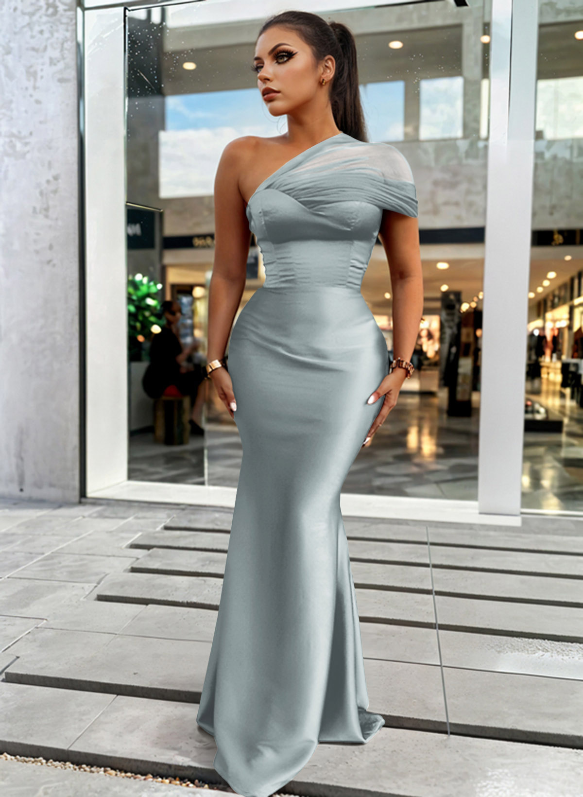 Trumpet/Mermaid One-Shoulder Sleeveless Satin/Tulle Bridesmaid Dresses, product image 42