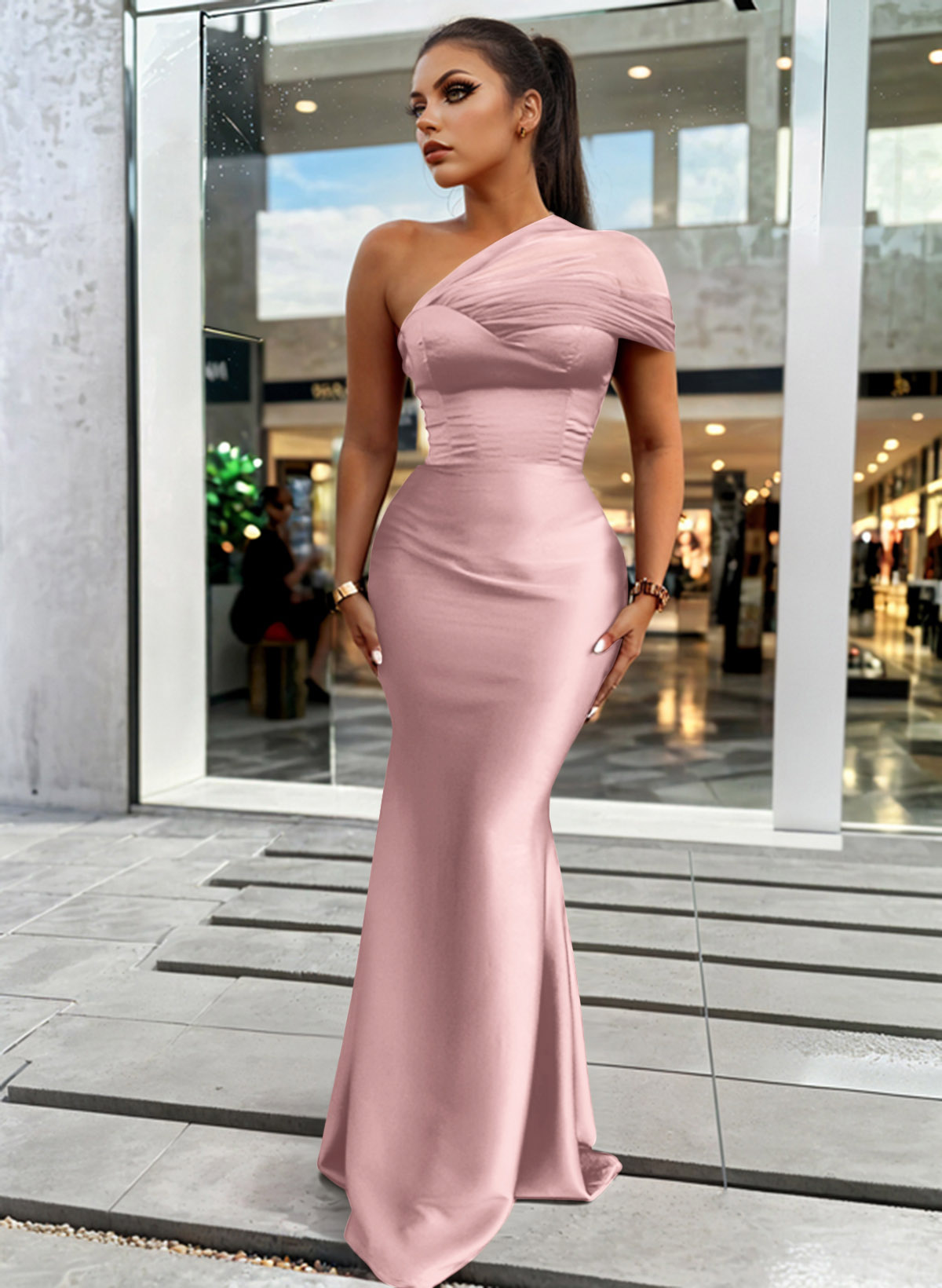 Trumpet/Mermaid One-Shoulder Sleeveless Satin/Tulle Bridesmaid Dresses, product image 82