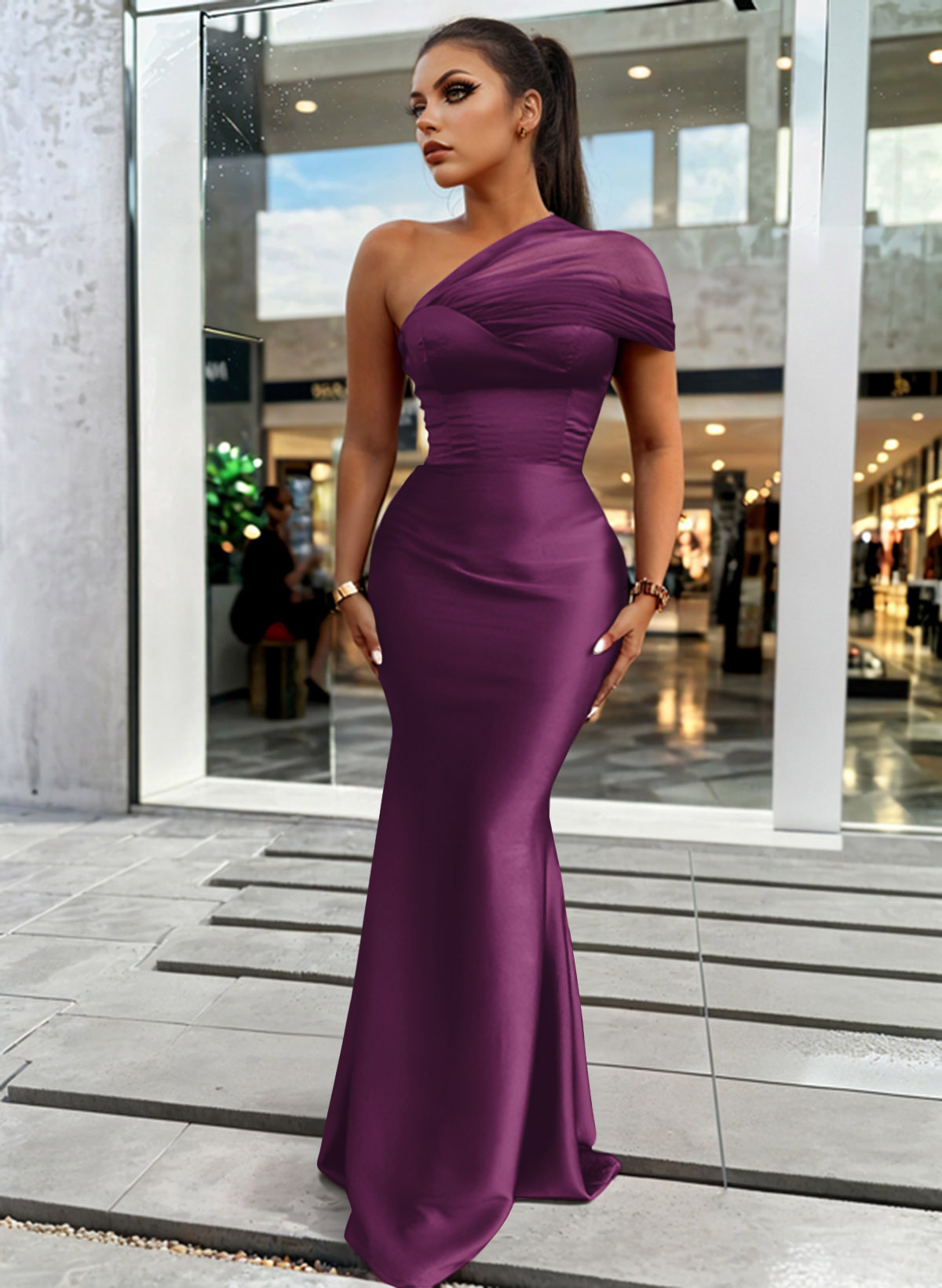 Trumpet/Mermaid One-Shoulder Sleeveless Satin/Tulle Bridesmaid Dresses, product image 162