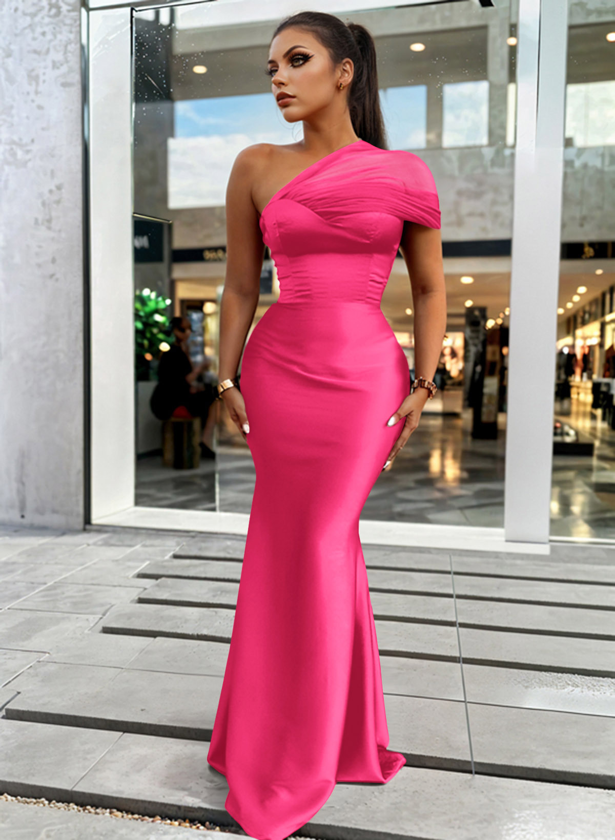 Trumpet/Mermaid One-Shoulder Sleeveless Satin/Tulle Bridesmaid Dresses, product image 77