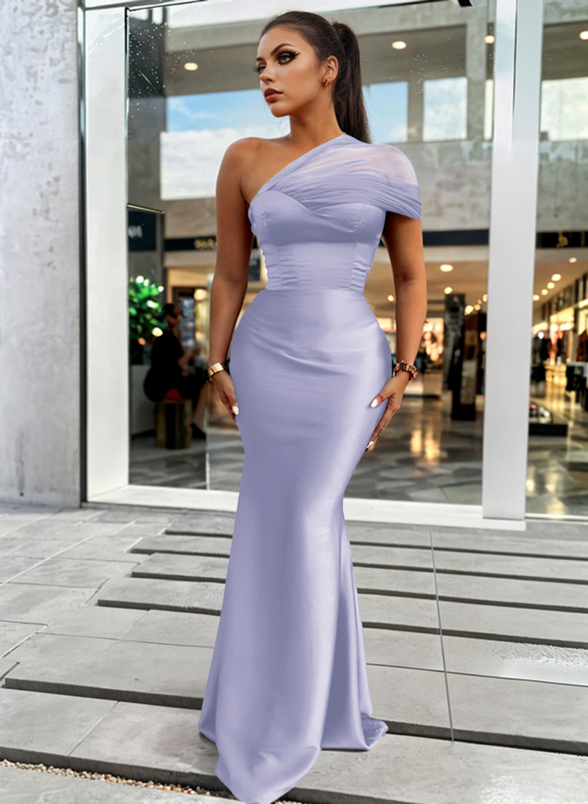 Trumpet/Mermaid One-Shoulder Sleeveless Satin/Tulle Bridesmaid Dresses, product image 197