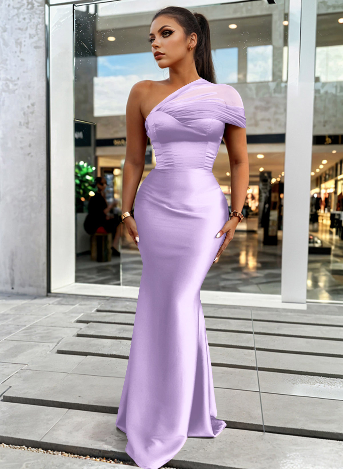 Trumpet/Mermaid One-Shoulder Sleeveless Satin/Tulle Bridesmaid Dresses, product image 192