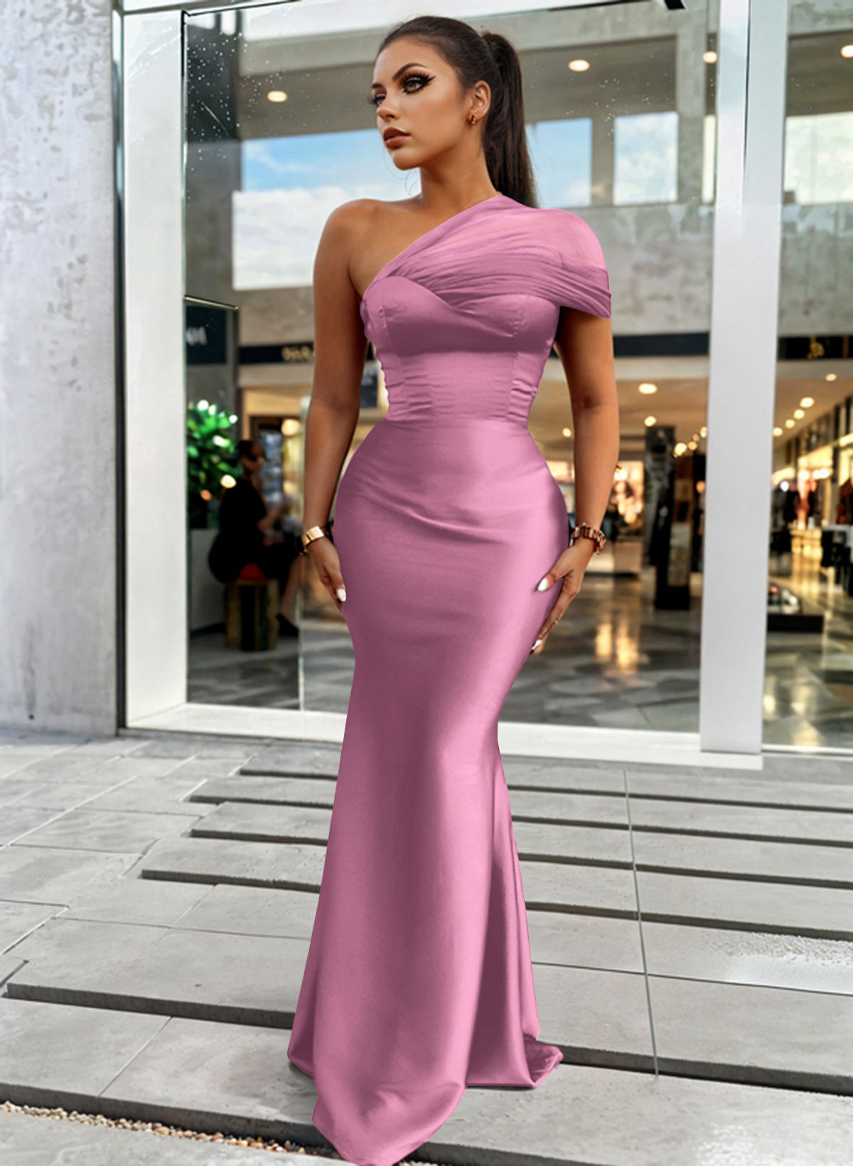 Trumpet/Mermaid One-Shoulder Sleeveless Satin/Tulle Bridesmaid Dresses, product image 187