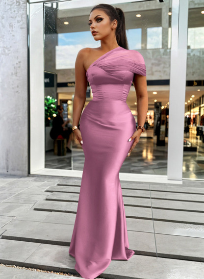 Trumpet/Mermaid One-Shoulder Sleeveless Satin/Tulle Bridesmaid Dresses