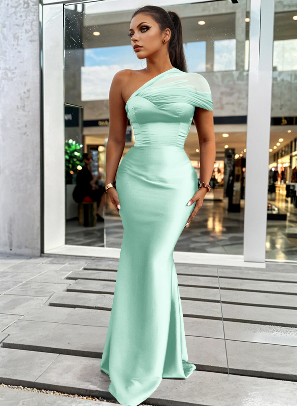 Trumpet/Mermaid One-Shoulder Sleeveless Satin/Tulle Bridesmaid Dresses, product image 252
