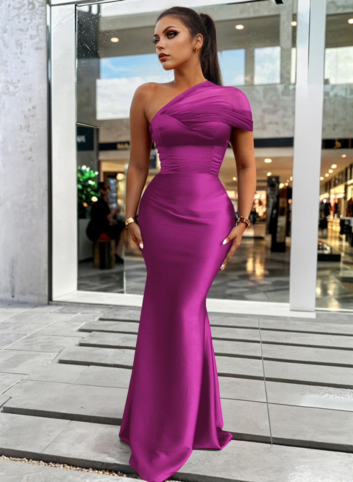 Trumpet/Mermaid One-Shoulder Sleeveless Satin/Tulle Bridesmaid Dresses, product image 152