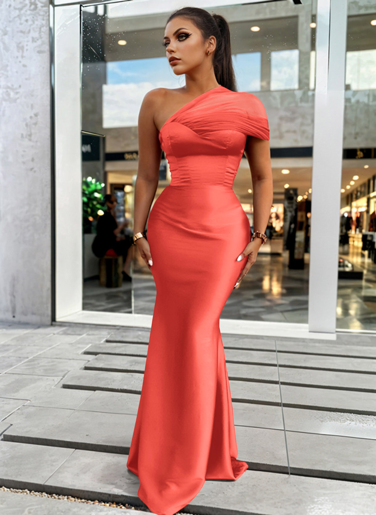 Trumpet/Mermaid One-Shoulder Sleeveless Satin/Tulle Bridesmaid Dresses, product image 302