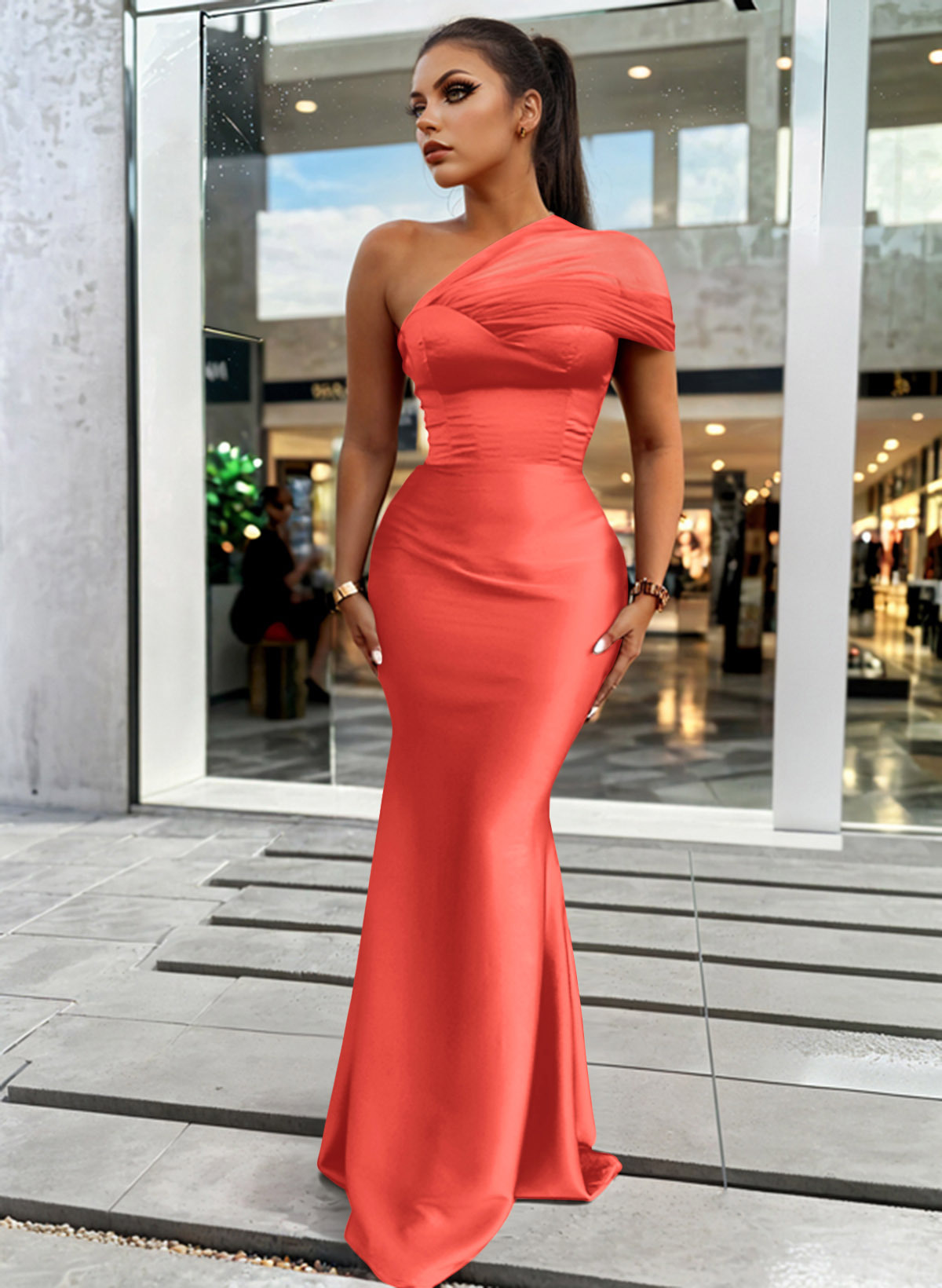 Trumpet/Mermaid One-Shoulder Sleeveless Satin/Tulle Bridesmaid Dresses, product image 302