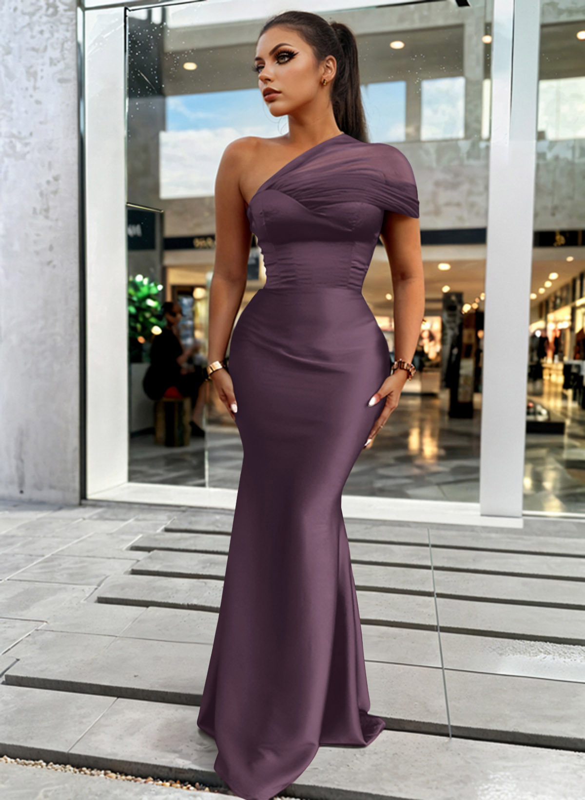 Trumpet/Mermaid One-Shoulder Sleeveless Satin/Tulle Bridesmaid Dresses, product image 202