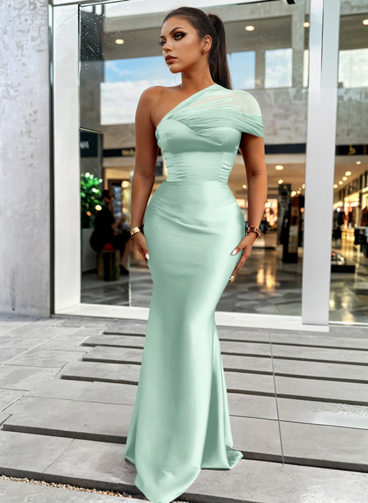 Trumpet/Mermaid One-Shoulder Sleeveless Satin/Tulle Bridesmaid Dresses, product image 217