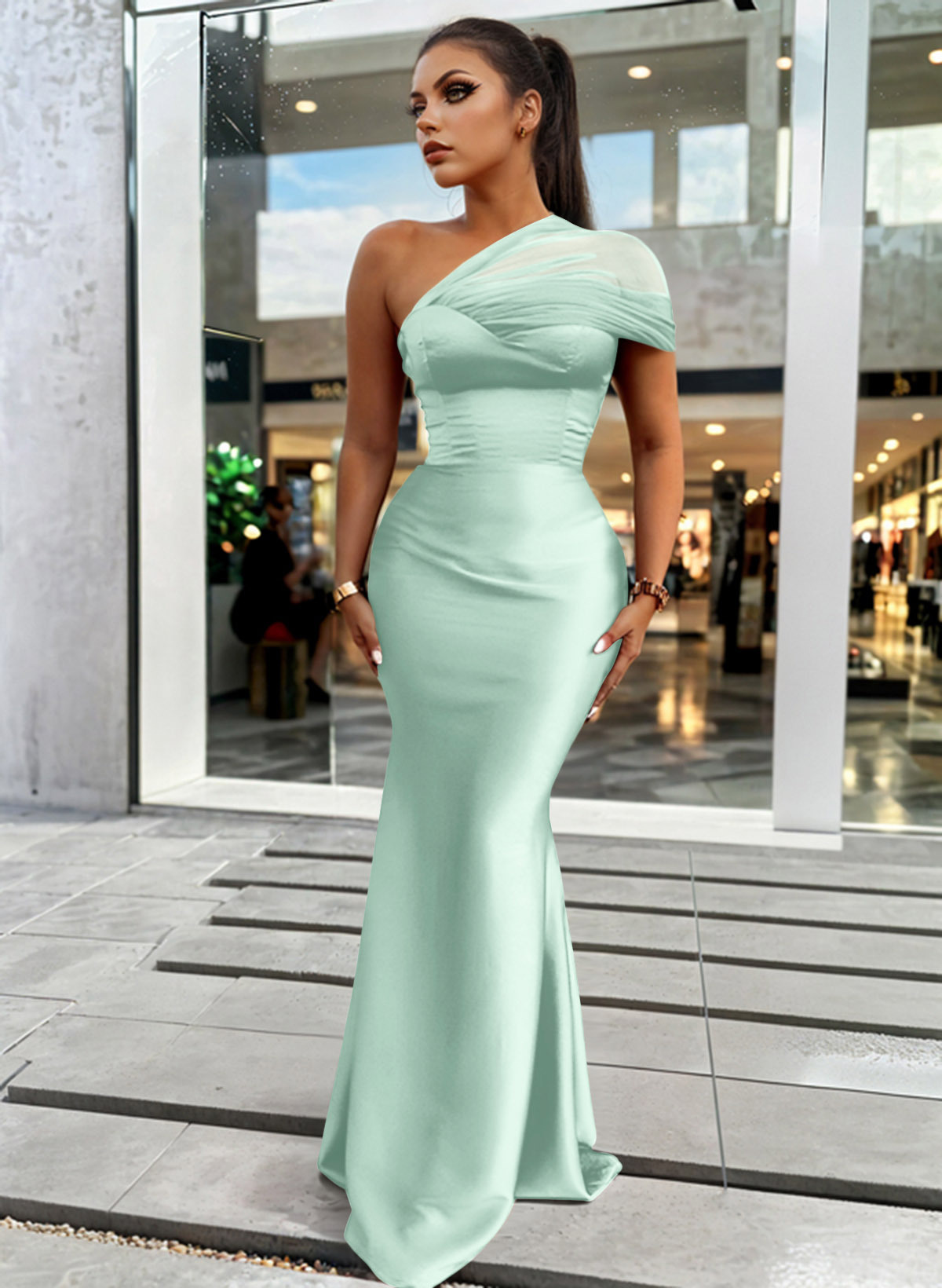 Trumpet/Mermaid One-Shoulder Sleeveless Satin/Tulle Bridesmaid Dresses, product image 217