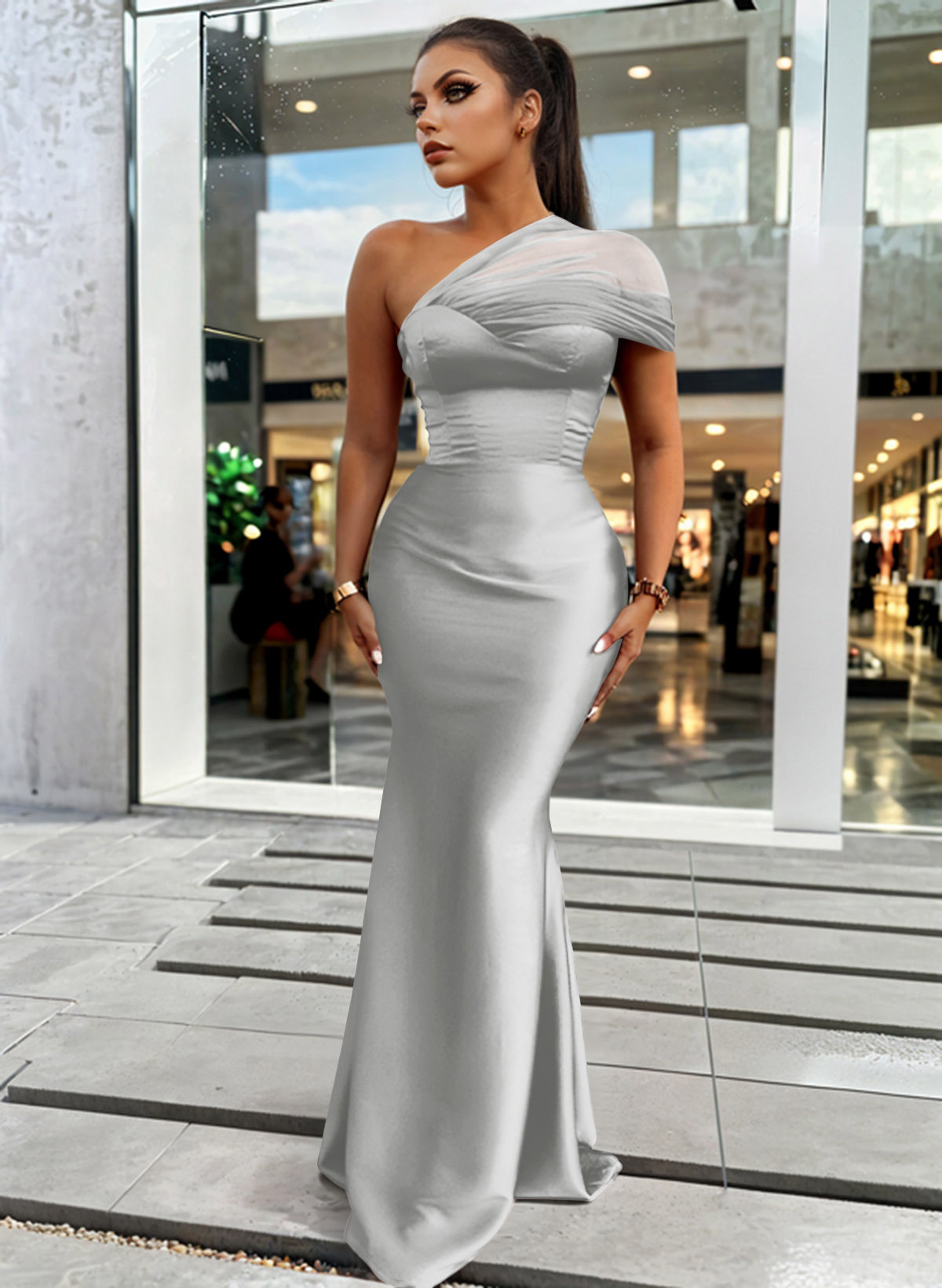 Trumpet/Mermaid One-Shoulder Sleeveless Satin/Tulle Bridesmaid Dresses, product image 322