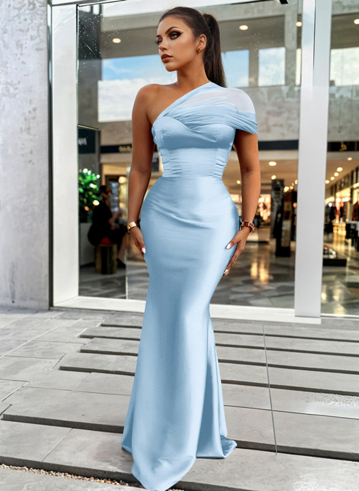 Trumpet/Mermaid One-Shoulder Sleeveless Satin/Tulle Bridesmaid Dresses, product image 47