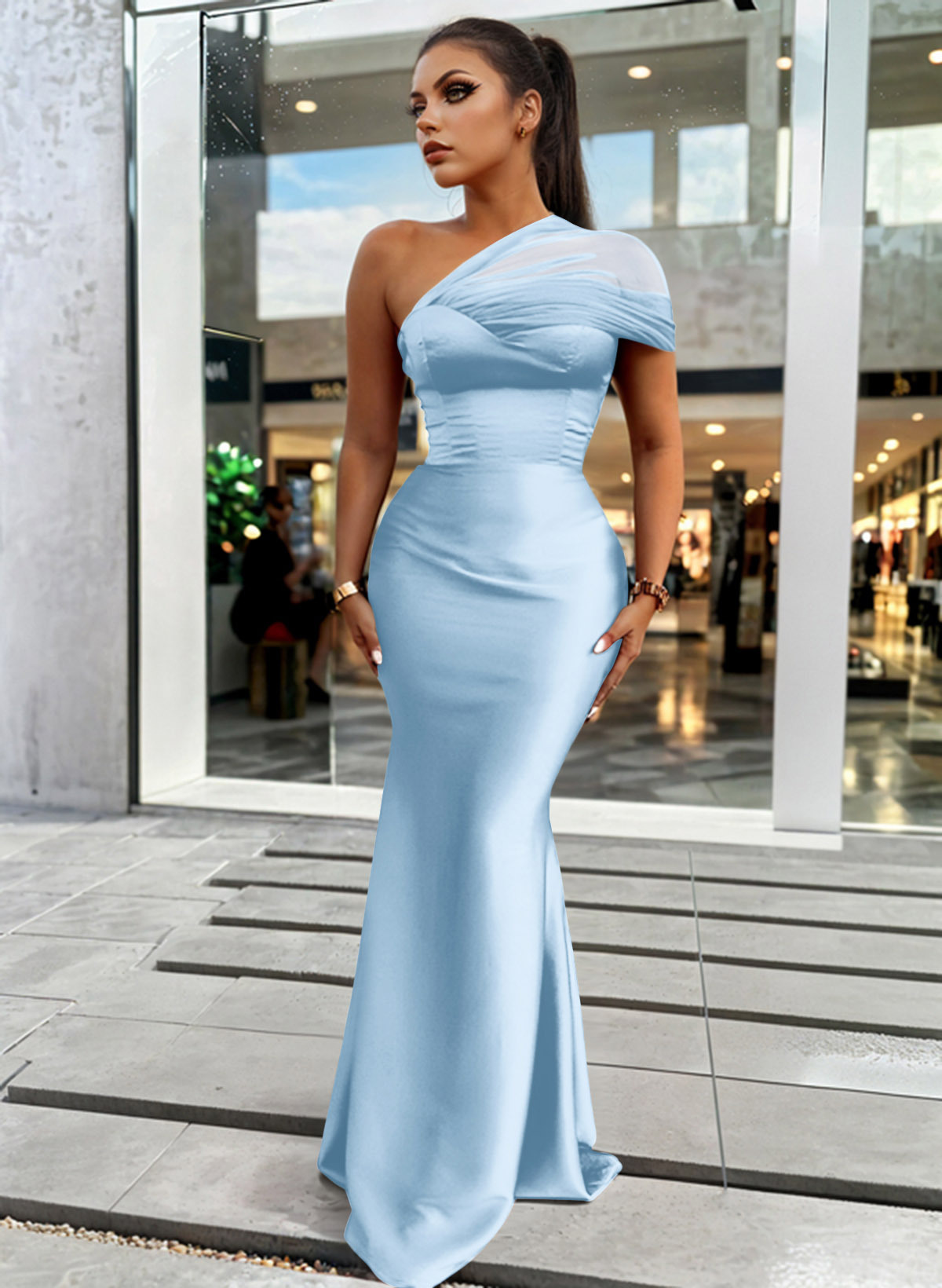 Trumpet/Mermaid One-Shoulder Sleeveless Satin/Tulle Bridesmaid Dresses, product image 47