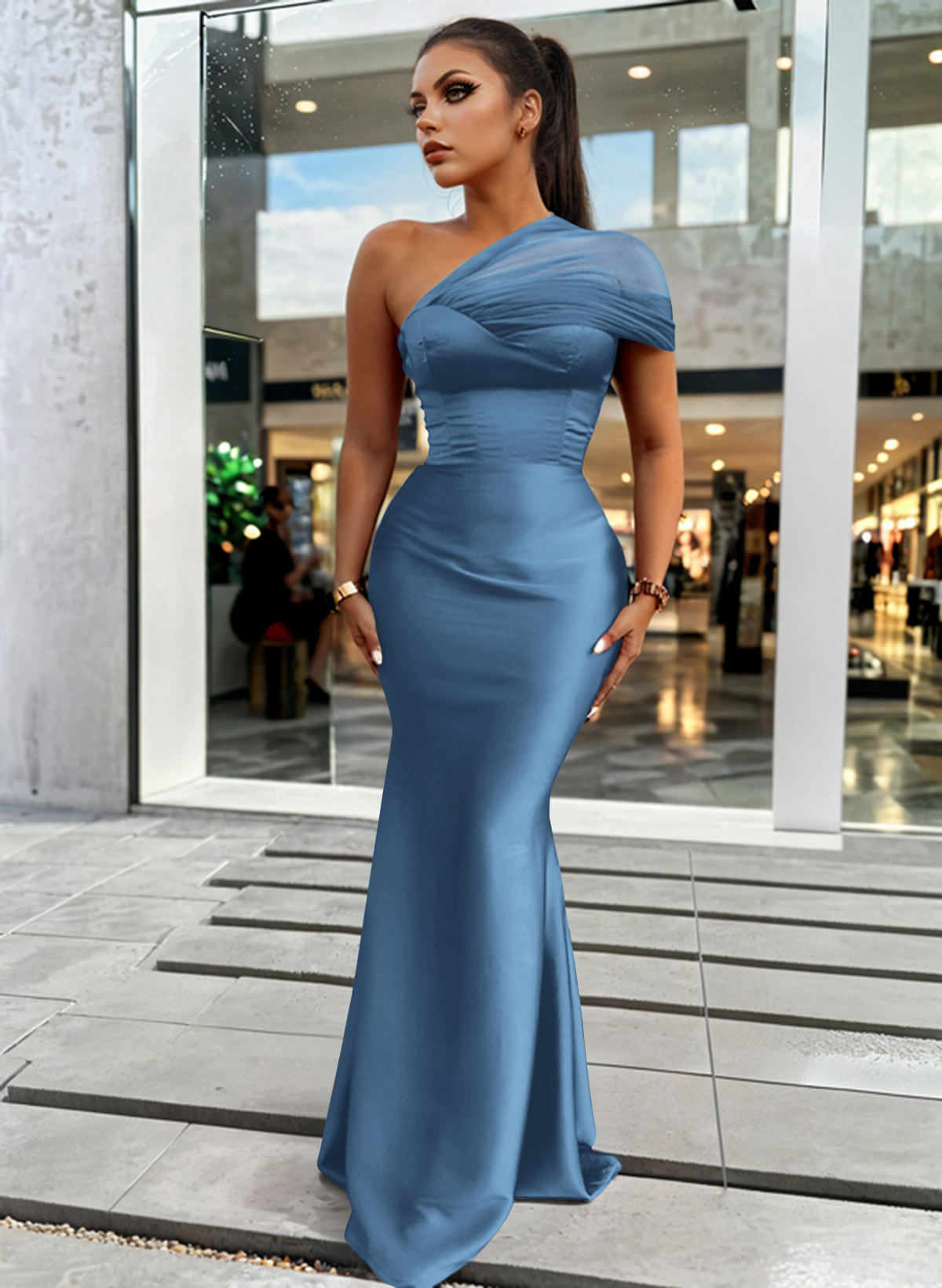 Trumpet/Mermaid One-Shoulder Sleeveless Satin/Tulle Bridesmaid Dresses, product image 32