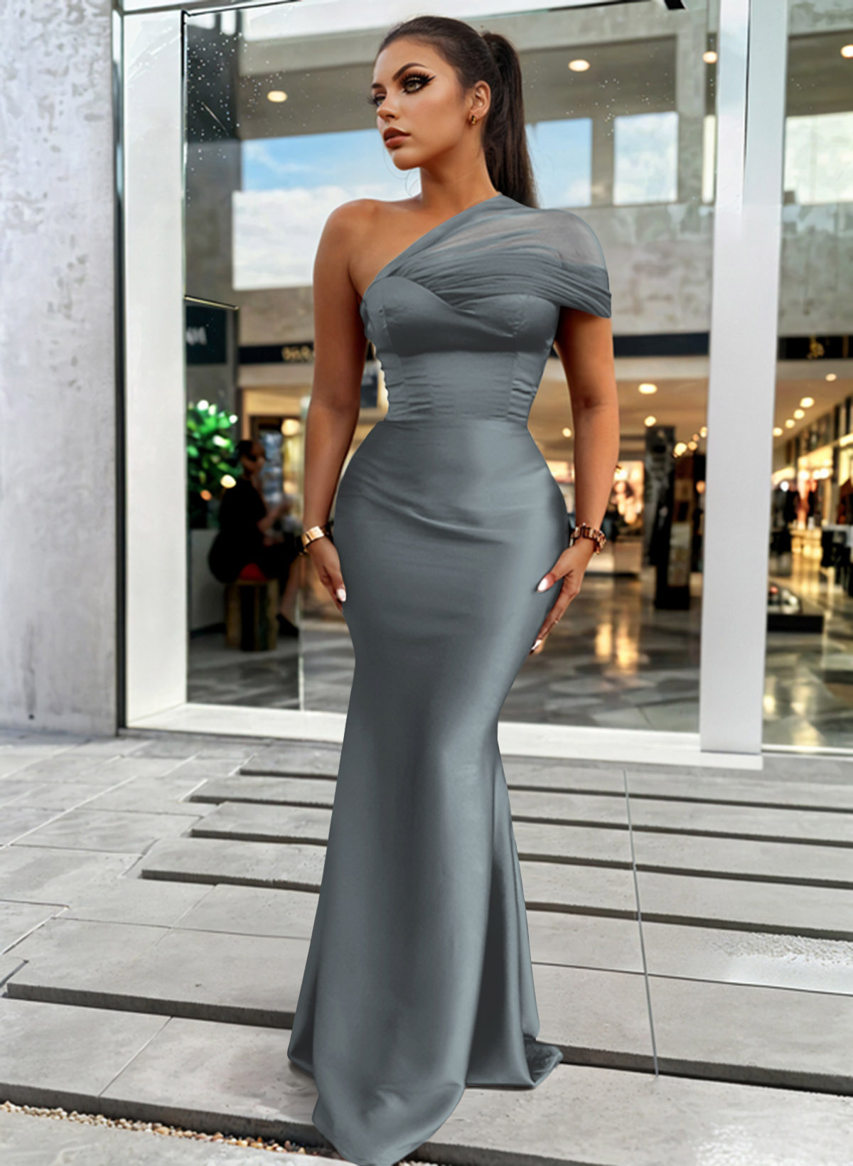 Trumpet/Mermaid One-Shoulder Sleeveless Satin/Tulle Bridesmaid Dresses, product image 327