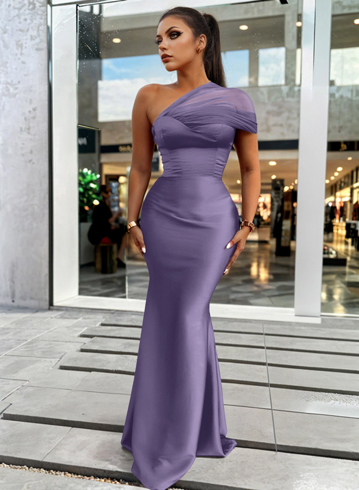 Trumpet/Mermaid One-Shoulder Sleeveless Satin/Tulle Bridesmaid Dresses, product image 172