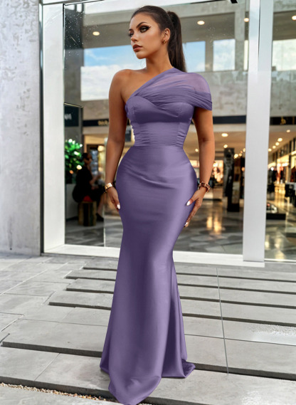 Trumpet/Mermaid One-Shoulder Sleeveless Satin/Tulle Bridesmaid Dresses