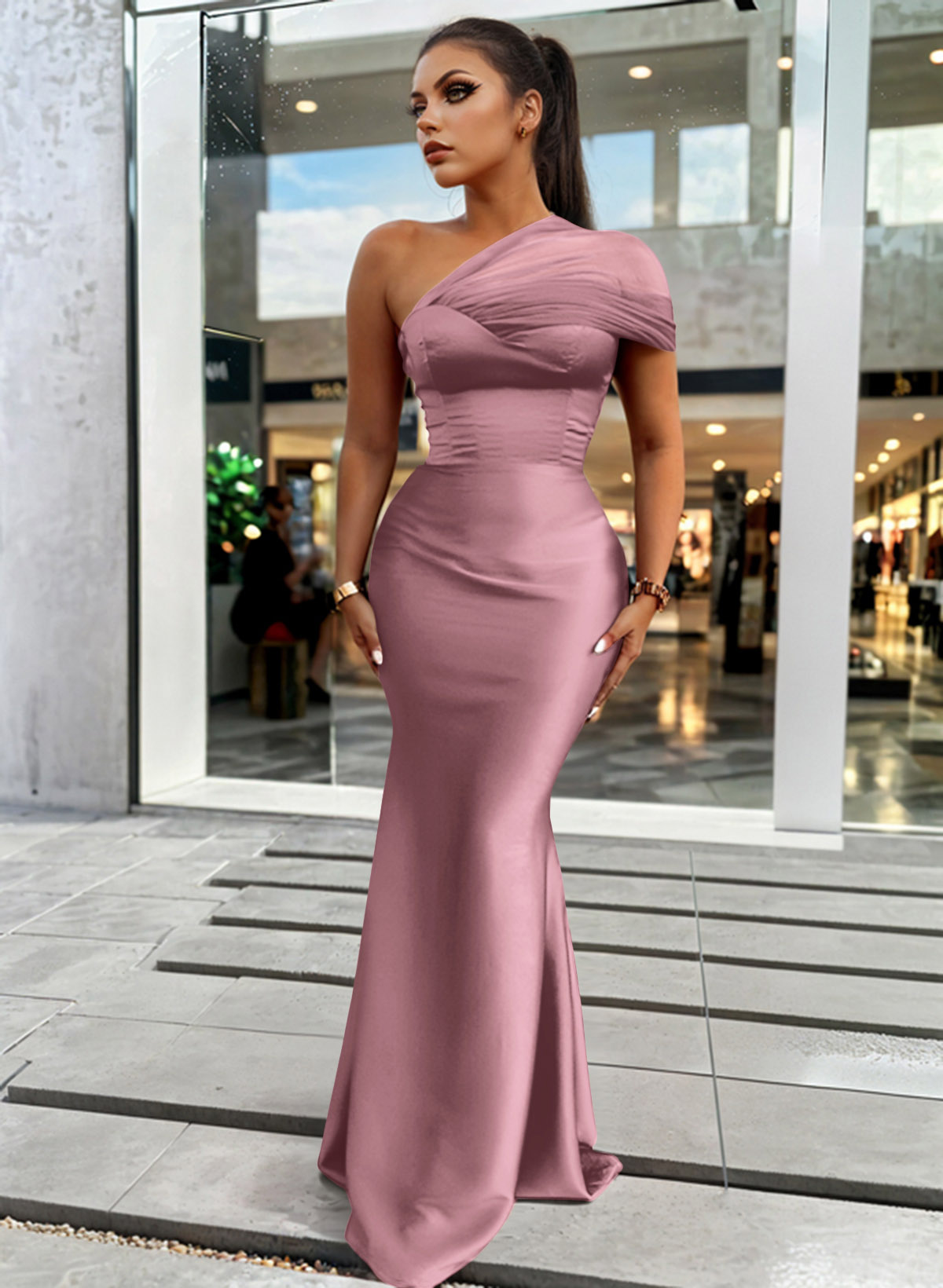 Trumpet/Mermaid One-Shoulder Sleeveless Satin/Tulle Bridesmaid Dresses, product image 182
