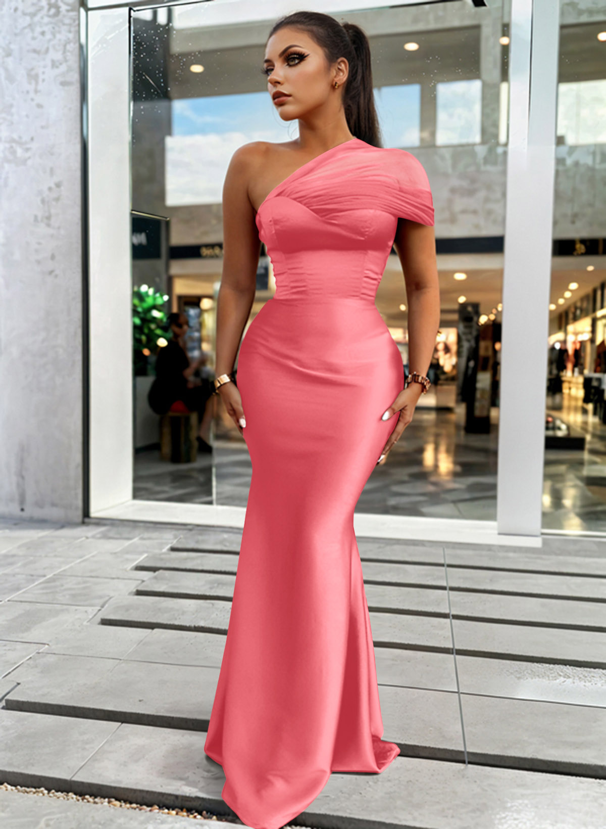 Trumpet/Mermaid One-Shoulder Sleeveless Satin/Tulle Bridesmaid Dresses, product image 147