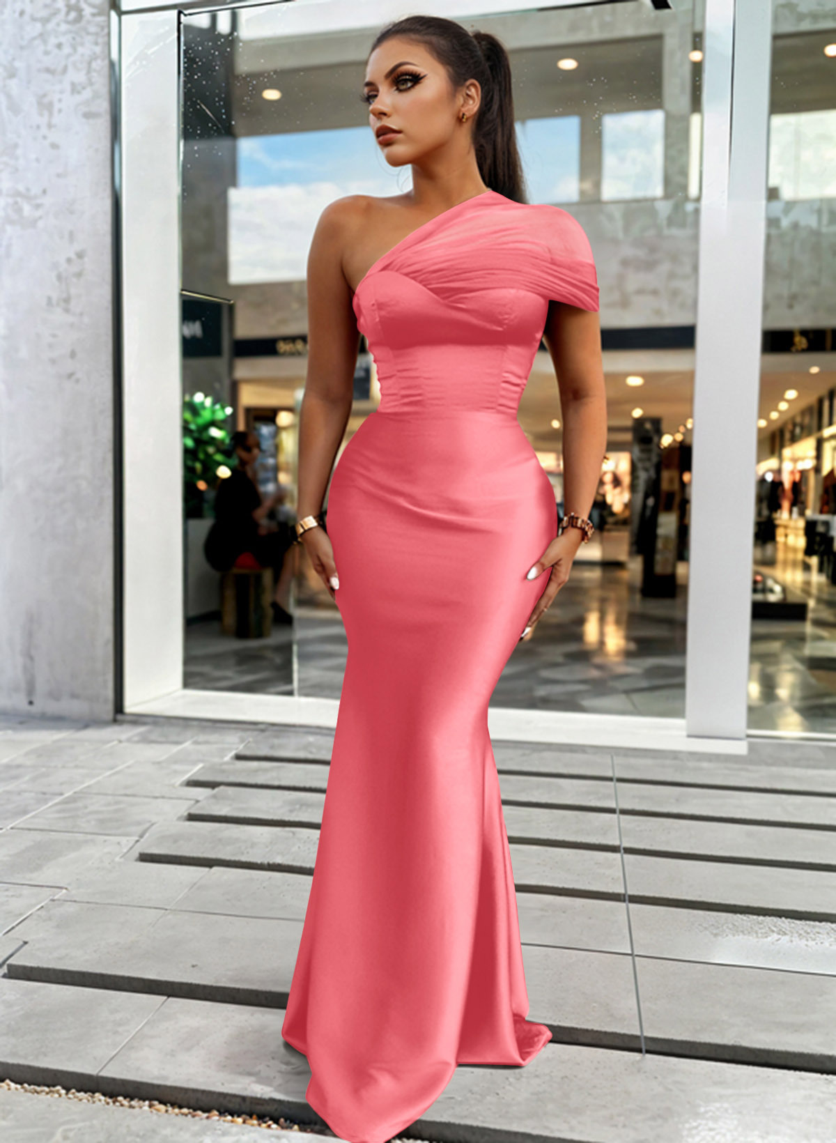 Trumpet/Mermaid One-Shoulder Sleeveless Satin/Tulle Bridesmaid Dresses, product image 147