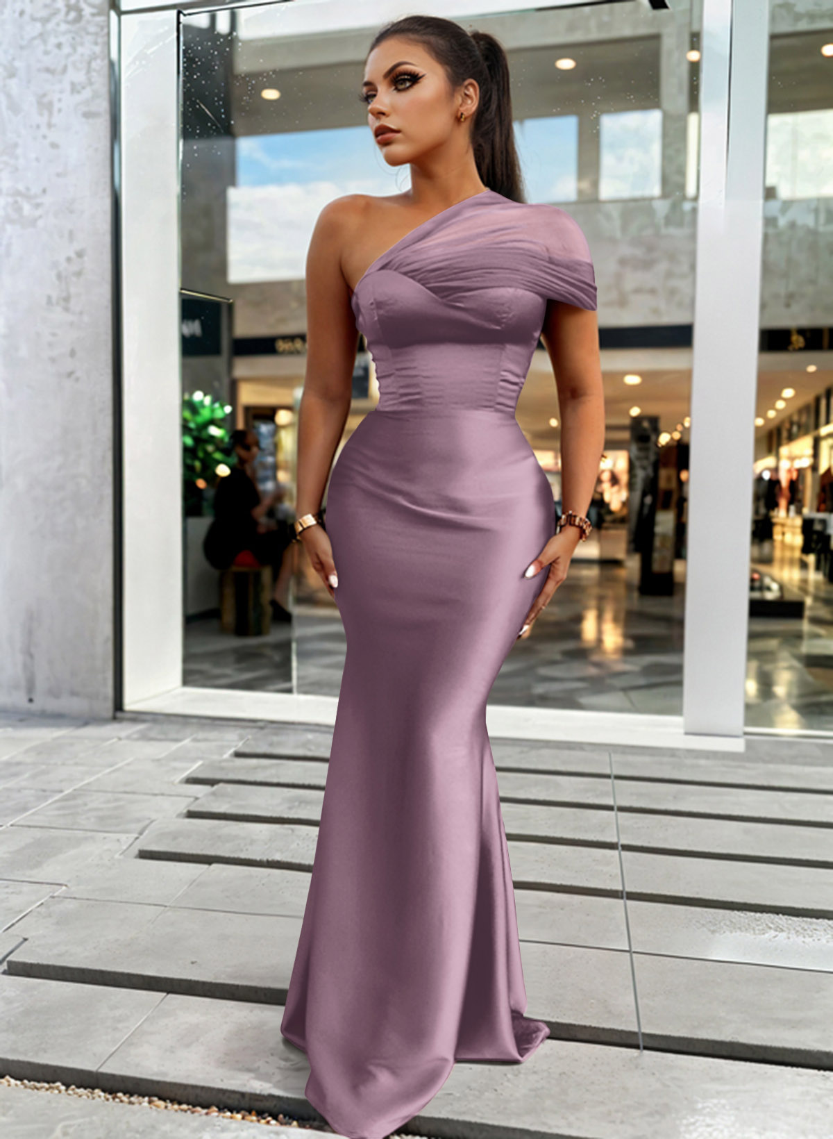 Trumpet/Mermaid One-Shoulder Sleeveless Satin/Tulle Bridesmaid Dresses, product image 177