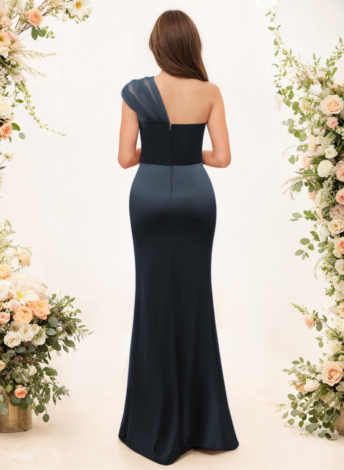 Trumpet/Mermaid One-Shoulder Sleeveless Satin/Tulle Bridesmaid Dresses, product image 18