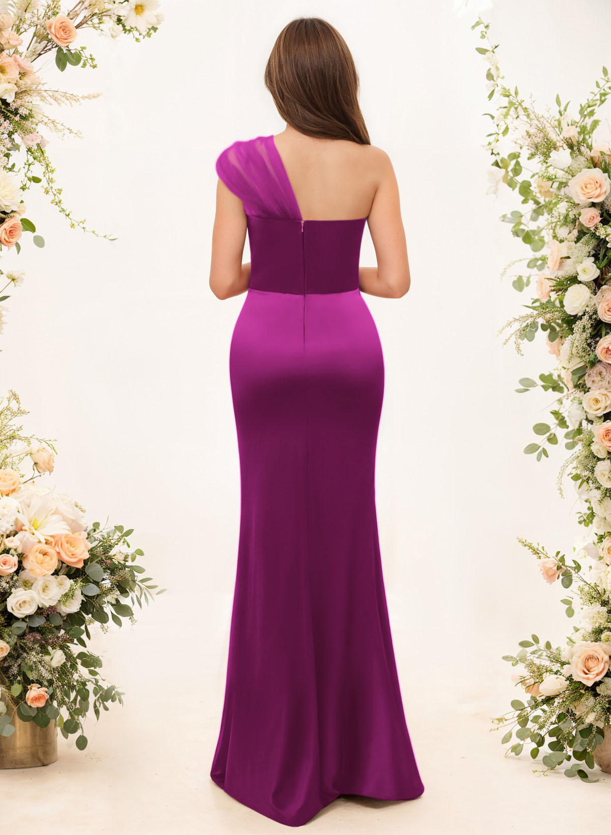Trumpet/Mermaid One-Shoulder Sleeveless Satin/Tulle Bridesmaid Dresses, product image 153
