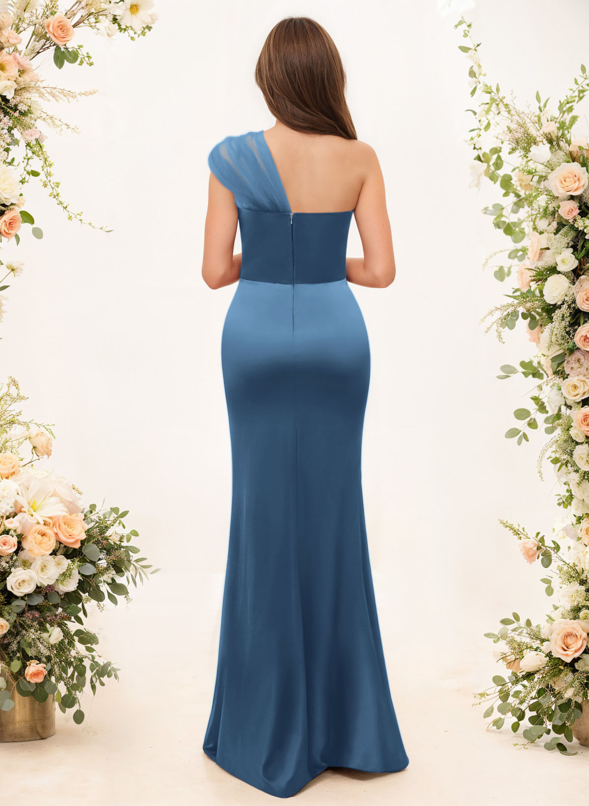 Trumpet/Mermaid One-Shoulder Sleeveless Satin/Tulle Bridesmaid Dresses, product image 33