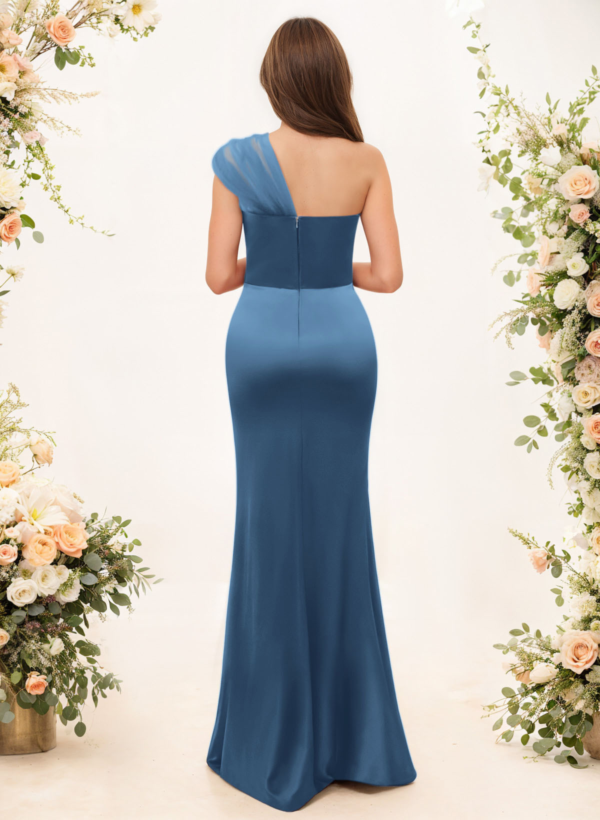 Trumpet/Mermaid One-Shoulder Sleeveless Satin/Tulle Bridesmaid Dresses, product image 33