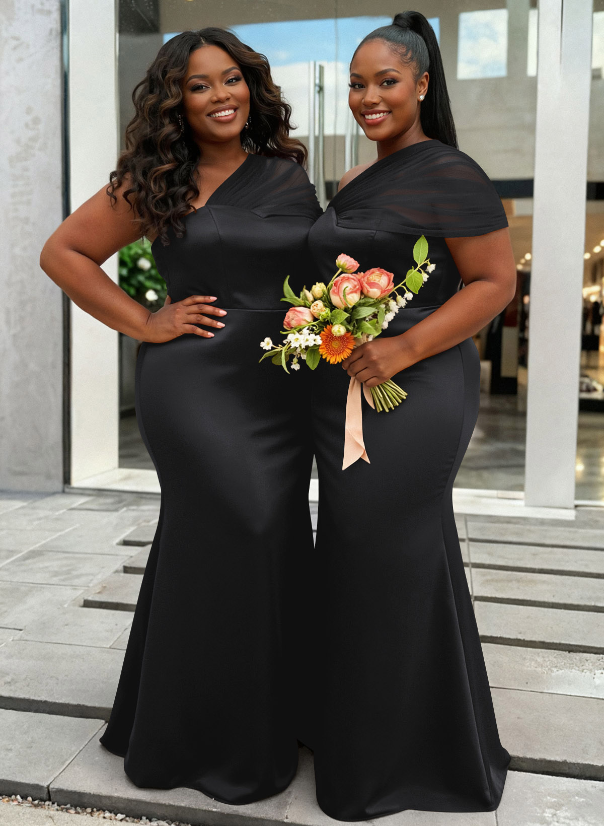 Trumpet/Mermaid One-Shoulder Sleeveless Satin/Tulle Bridesmaid Dresses, product image 349