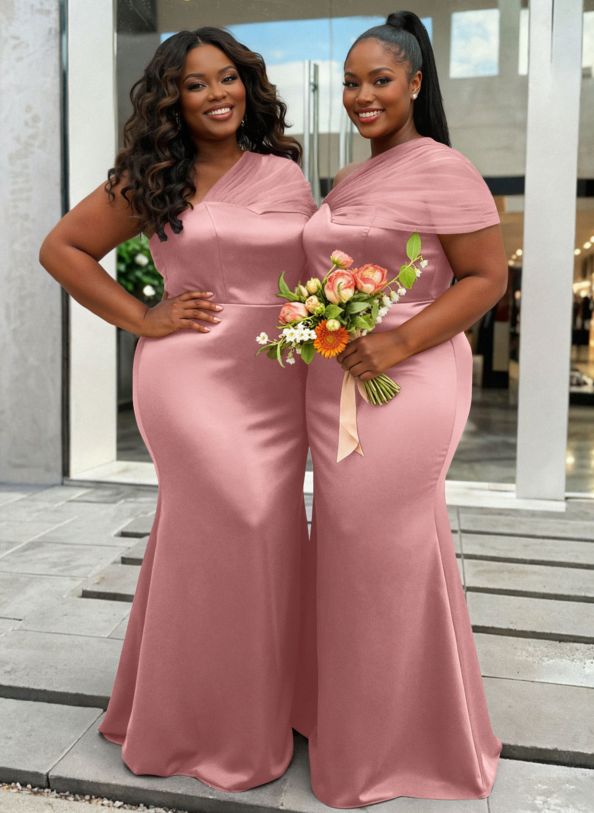 Trumpet/Mermaid One-Shoulder Sleeveless Satin/Tulle Bridesmaid Dresses, product image 383