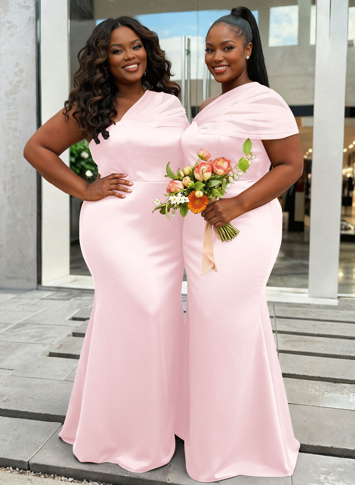 Trumpet/Mermaid One-Shoulder Sleeveless Satin/Tulle Bridesmaid Dresses, product image 389