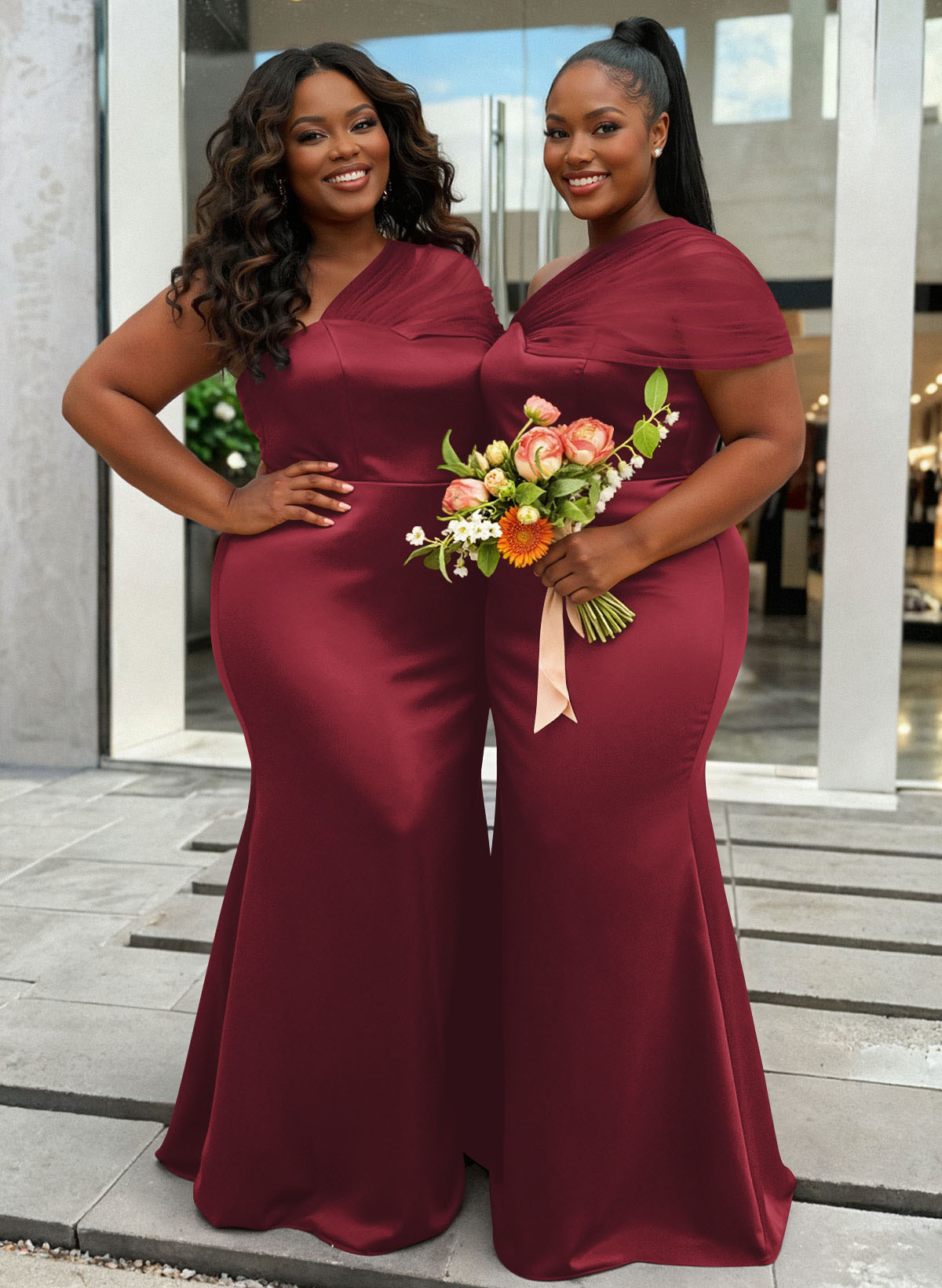 Trumpet/Mermaid One-Shoulder Sleeveless Satin/Tulle Bridesmaid Dresses, product image 395