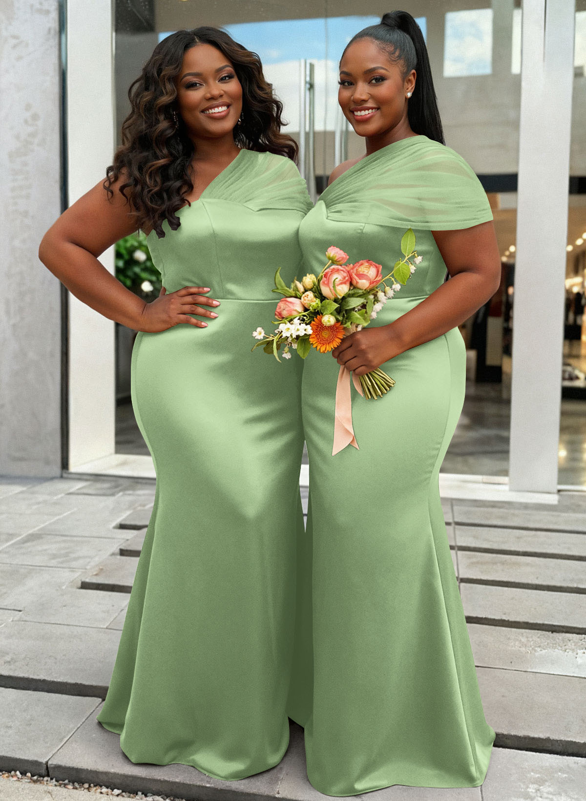 Trumpet/Mermaid One-Shoulder Sleeveless Satin/Tulle Bridesmaid Dresses, product image 435