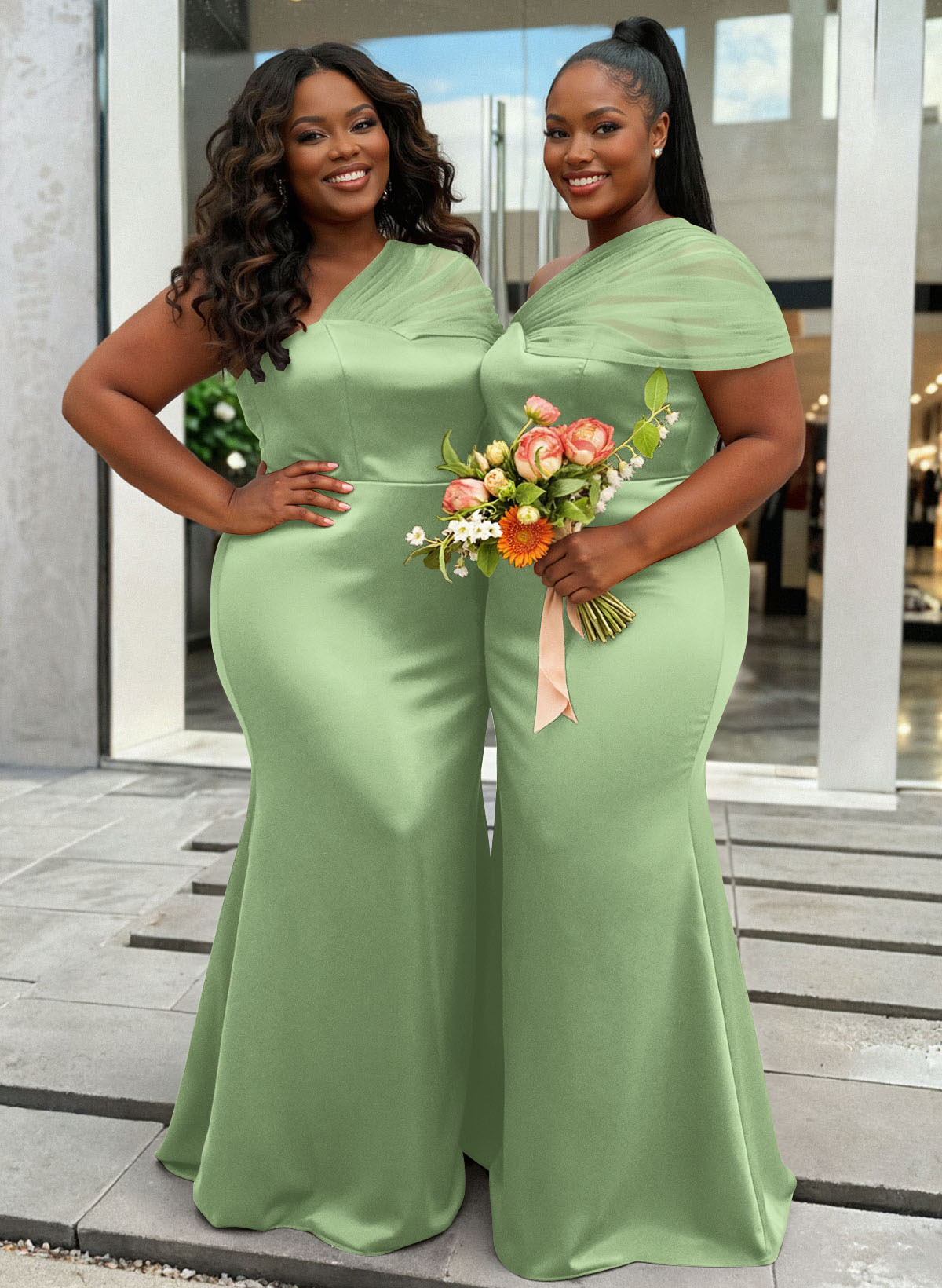 Trumpet/Mermaid One-Shoulder Sleeveless Satin/Tulle Bridesmaid Dresses, product image 435