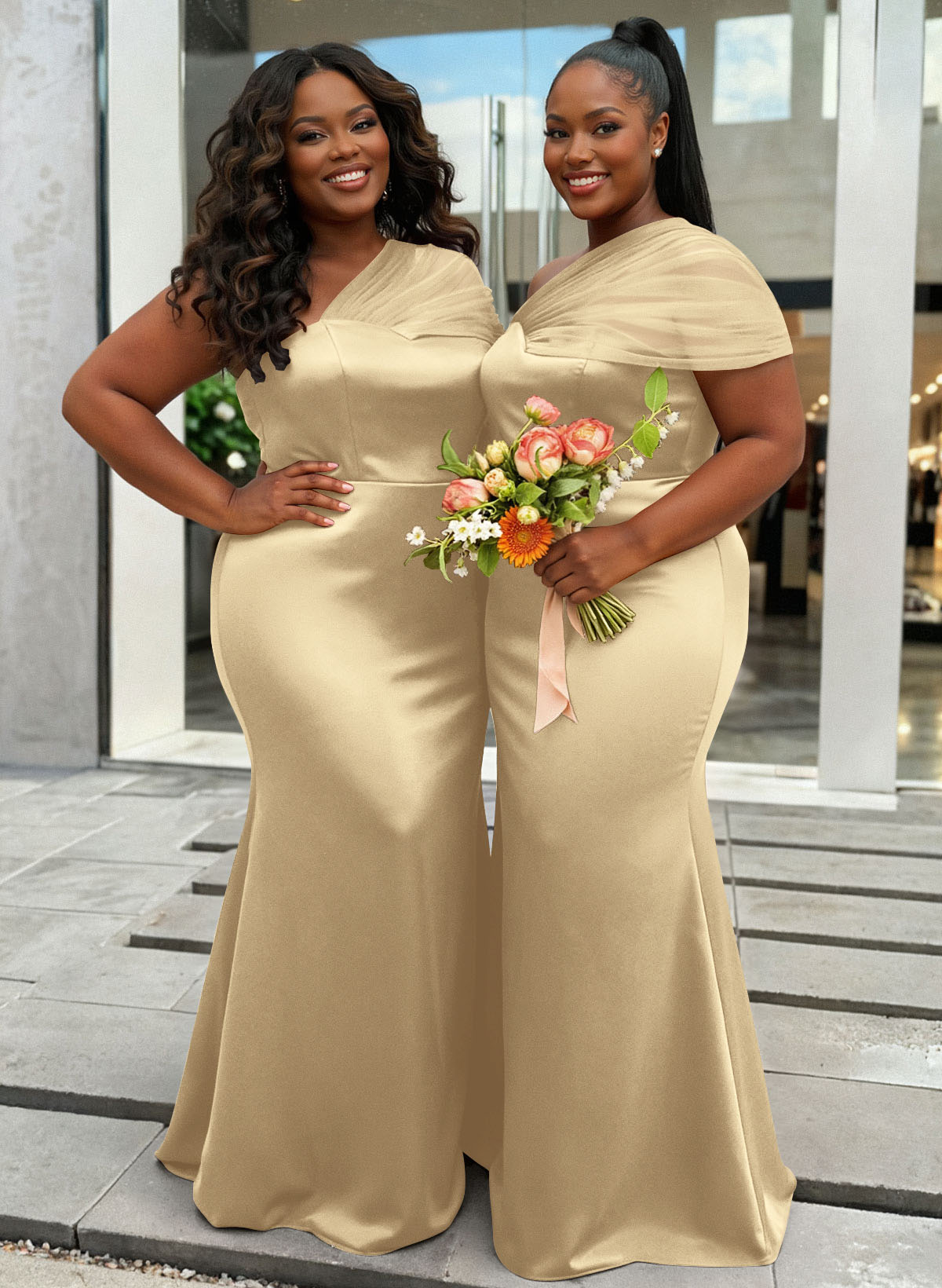 Trumpet/Mermaid One-Shoulder Sleeveless Satin/Tulle Bridesmaid Dresses, product image 351