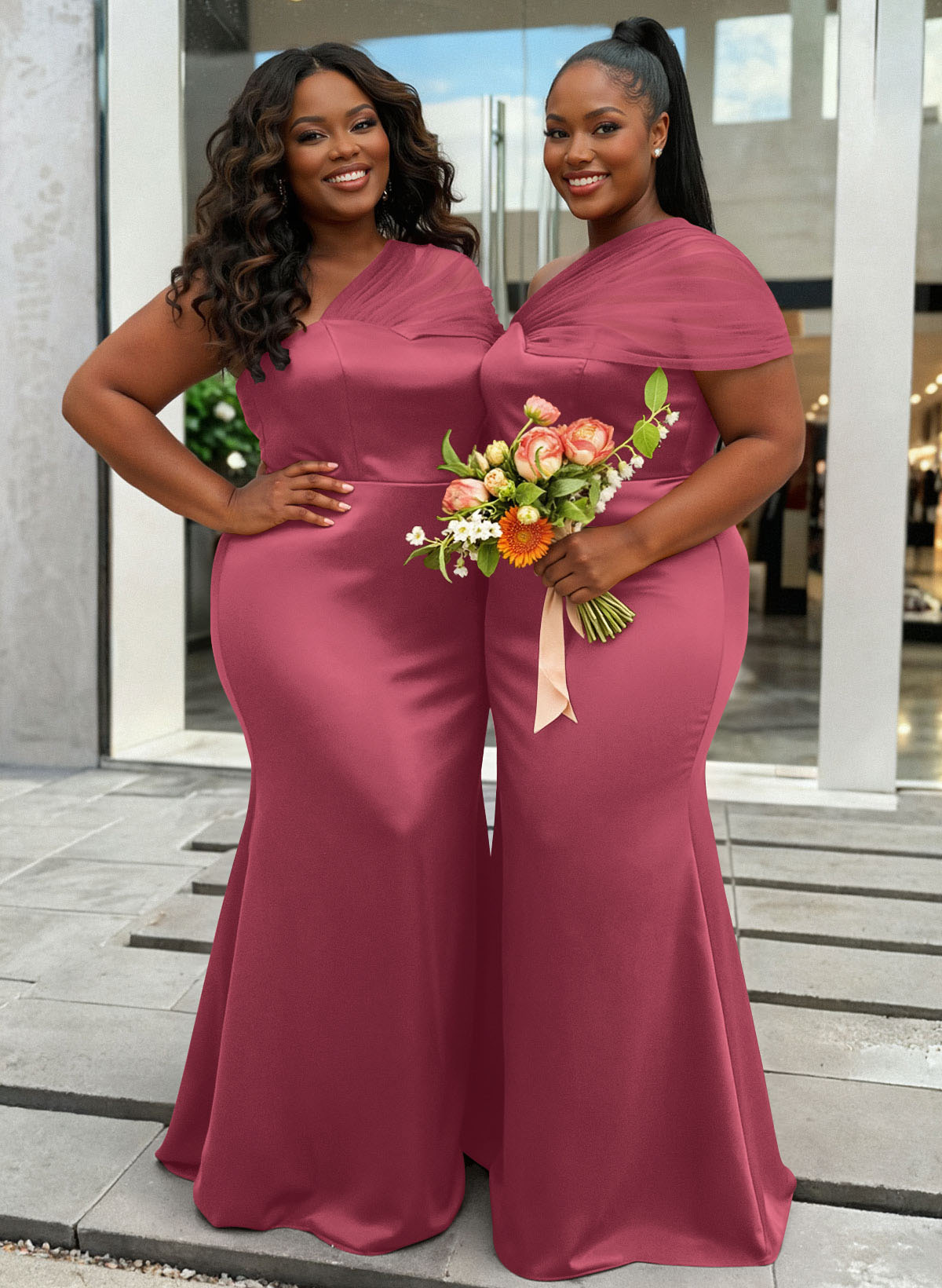 Trumpet/Mermaid One-Shoulder Sleeveless Satin/Tulle Bridesmaid Dresses, product image 399
