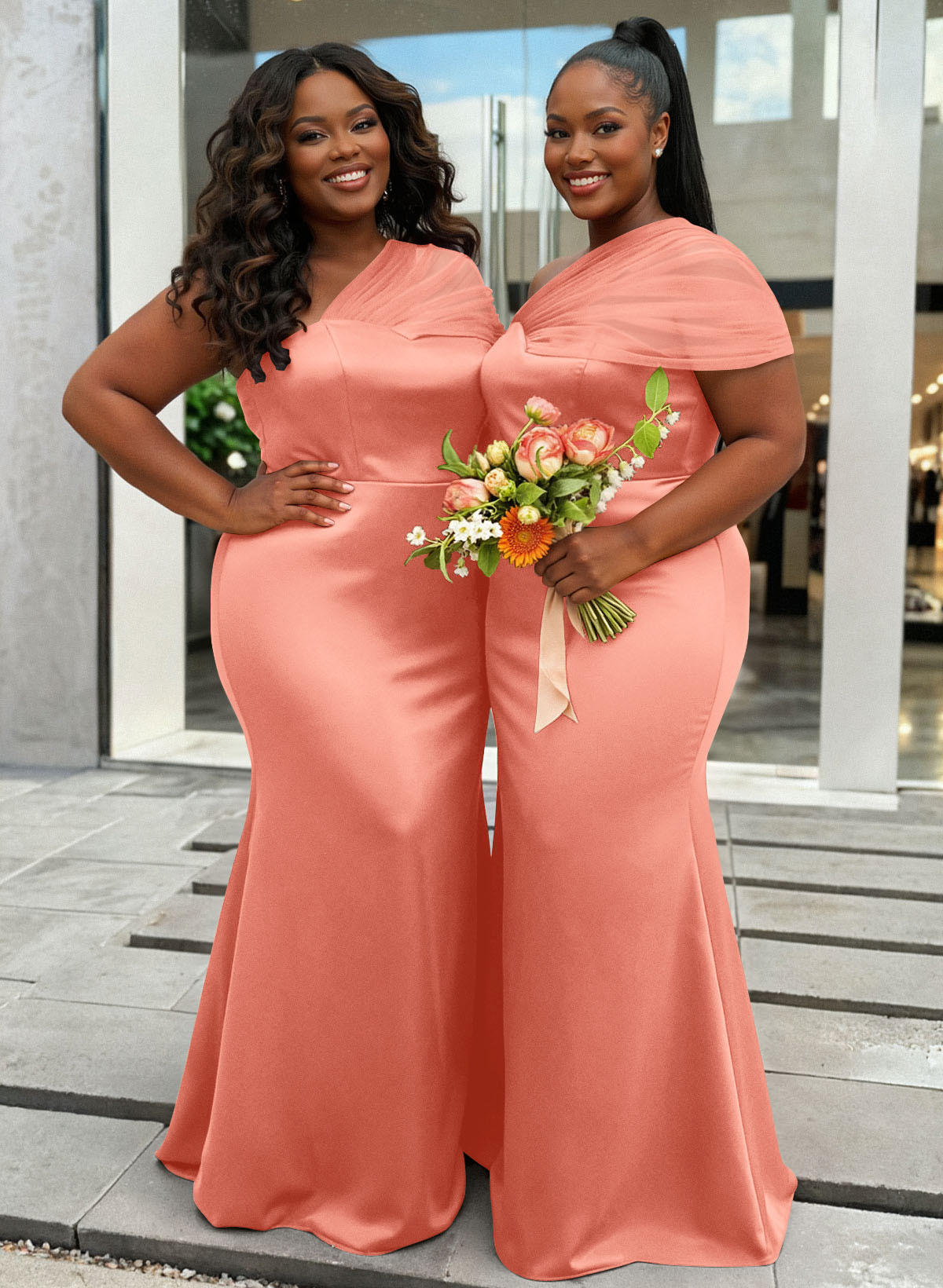 Trumpet/Mermaid One-Shoulder Sleeveless Satin/Tulle Bridesmaid Dresses, product image 387