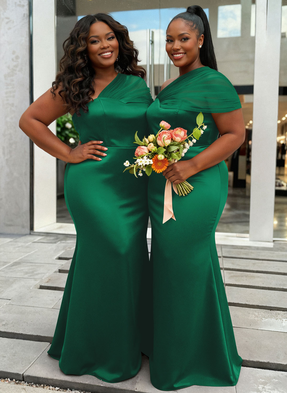Trumpet/Mermaid One-Shoulder Sleeveless Satin/Tulle Bridesmaid Dresses, product image 431