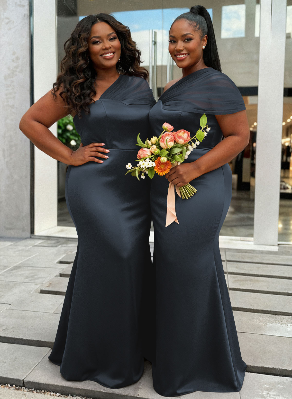 Trumpet/Mermaid One-Shoulder Sleeveless Satin/Tulle Bridesmaid Dresses, product image 353