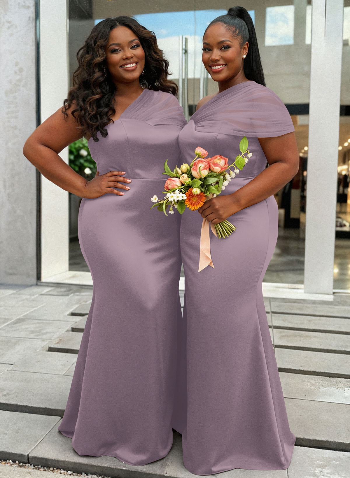 Trumpet/Mermaid One-Shoulder Sleeveless Satin/Tulle Bridesmaid Dresses, product image 413